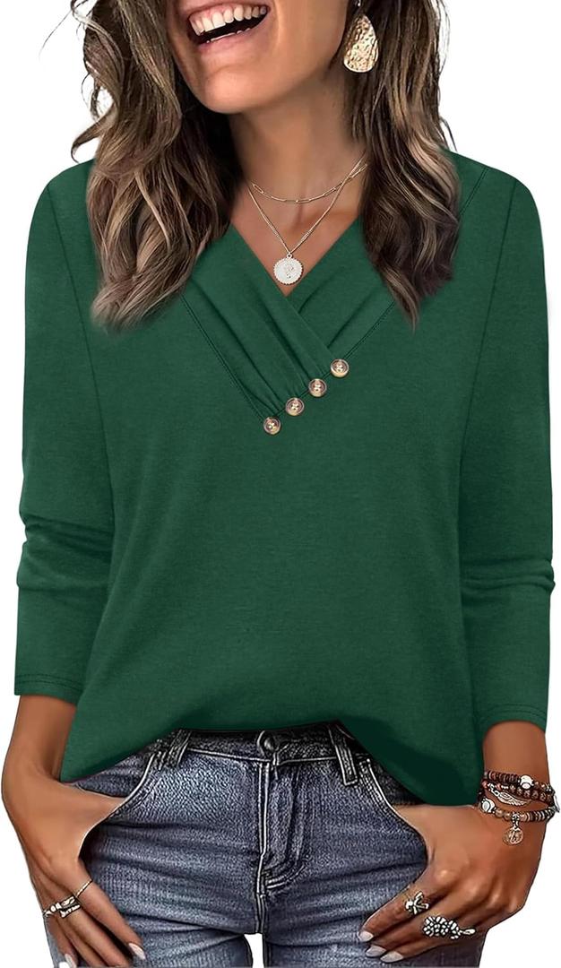 WIHOLL Long Sleeve Shirts for Women Fall Outfits V Neck T Shirts Button Down Tunic Tops Fashion Clothing (Large, 3-green)