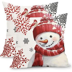 Kawani Winter Snowman Snowflake Pillow Covers 18x18 Inch Red Christmas Throw Pillow Covers Set of 2 Xmas Winter Holiday Pillowcases Cotton Linen Cushion Covers for Couch Home Decor