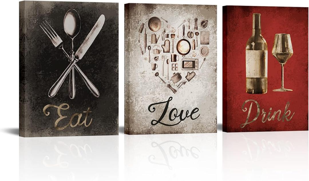 VANSEEING Kitchen Wall Art Eat Drink Love Wall Decor Canvas Fork Knife Pictures Vintage Black and Red Painting Artwork Prints for Dining Room Restaurant Home Decor 12x16inchx3pcs