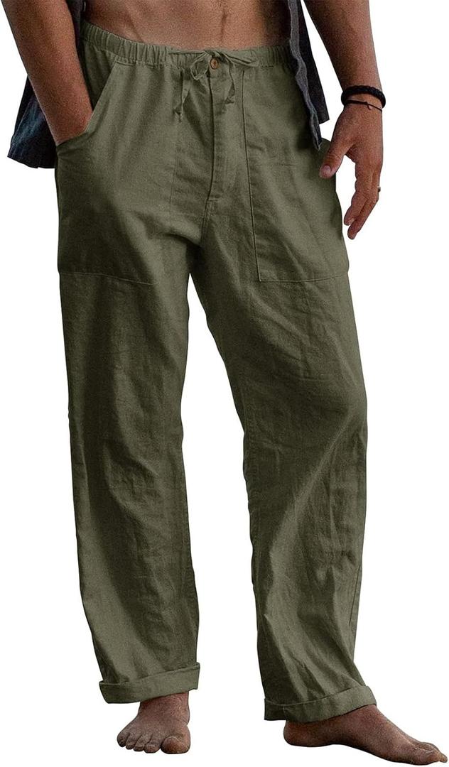 Puimentiua Mens Linen Pants Elastic Waist Drawstring Loose Fit Casual Summer Beach Pants with Pockets Baggy Trousers (Small, Army Green)