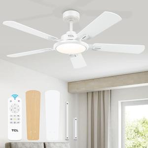TCL Ceiling Fans with Lights, 52 Inch Ceiling Fan with Light and Remote Control, Reversible DC Motor, Noiseless, Dimmable 36W LED, Modern Ceiling Fan for Bedroom Living Room (White)