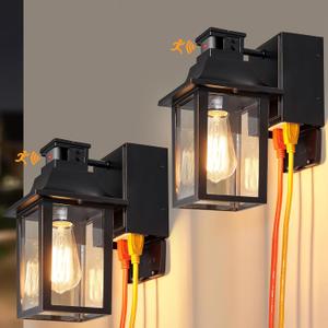 Porch Lights with GFCI Outlet,Dusk to Dawn Motion Sensor Outdoor Lights,3 Light Modes Black Front Door Lights,Waterproof Outside Wall sconces for House Patio Garage (2 Pack)
