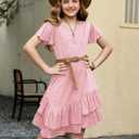 Arshiner Girls Dresses Loose Plain Casual Ruffle Swing Midi Dress with Belt for 5-14 Years (Pink)