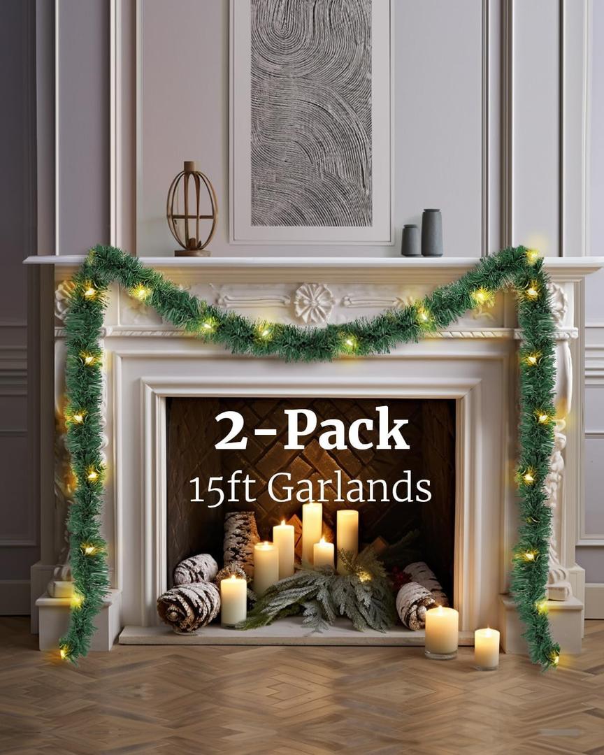 2Pack Lighted Christmas Garland, 15FT Pre-Lit Christmas Garland with Lights Plug in for Stairs Railing Party Holiday Door Outdoor Indoor, Artificial Xmas Greenery Green Garlands Decorations Decor