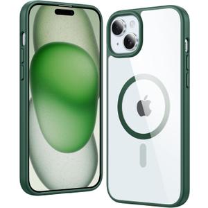 FNTCASE for iPhone 15 Case Clear: iPhone 14/13 Case Magnetic Phone Cases with Screen Protector Compatible with Magsafe Slim Anti Yellowing Rugged Protective Transparent Cell Cover (B-Alpine Green)