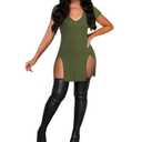 Rooscier Women's V Neck Sexy Bodycon Dresses Split Side Short Sleeve Going Out Mini Dress Army Green Large (Green, L)