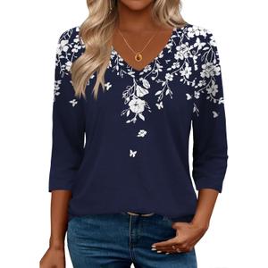 Zeagoo 3/4 Length Sleeve Womens Tops Casual V Neck Shirts Soft Basic Tees Business Work Blouses (White Flower_sf103)