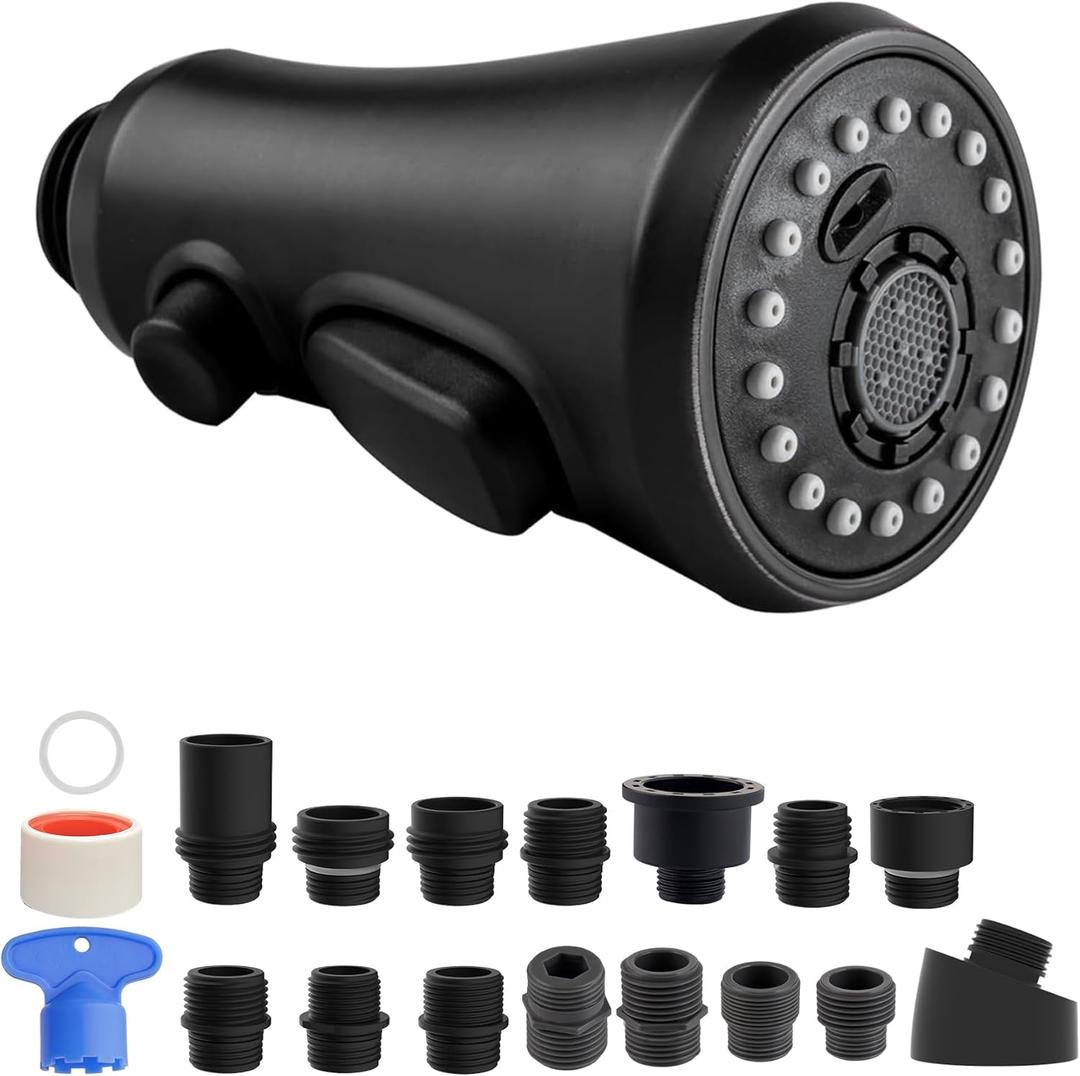 Hibbent Pull Down Spray Head, 3-Function Spray Nozzle with 15 Adapters, Kitchen Sink Faucet Head Replacement Compatible with Moen, American Standard, Delta, Kohler Faucets, Matte Black