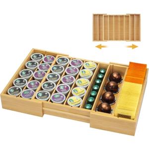 MinBoo Bamboo K Cup Holder for Drawer or Countertop Coffee Pod Holder Expandable K Cup Pod Storage Tea bag organizer K Cup Storage for Coffee Station Home Office and Kitchen