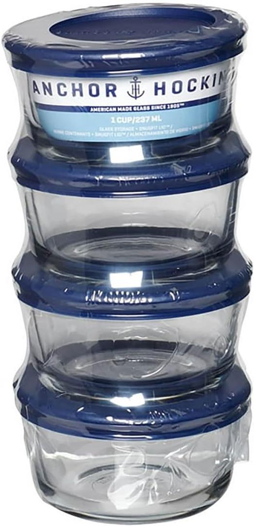 Generic Glass Food Storage Containers with Lids, 1 Cup Round, Set of 4, Clear