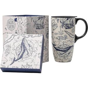 Voltogar Ceramic Coffee Mug Travel Cup with Lid and Handle for Home & Office, 17Oz Porcelain Tall Tea Cup with Color Box, 6.5" H Ocean Mug
