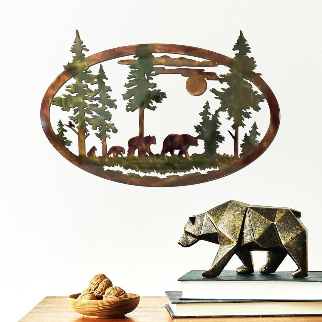 Hicarer Metal Bear Wall Art Mountains Metal Bear Wall Decor Christmas Rustic Animal Hunting Decor Cabin Decorations in Saw Blade Animal Lover Gifts for Bedroom Outdoor 15.75 Inch(Colored)