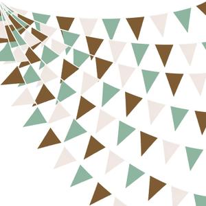 32Ft Sage Green Brown Party Decorations Retro Colored Triangle Flag Fabric Banner Pennant Bunting Garland Streamers for Birthday Wedding Baby Shower Jungle Safari Summer Christmas Outdoor Party Decor