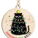 3 x Funny Cat Ornament 2025  Christmas Tree Killer Ornament Wooden Round Holiday Decoration with Cat Wrapped in Lights  Humorous Gift for Pet Lovers, Pet Owners & Christmas Tree Dcor
