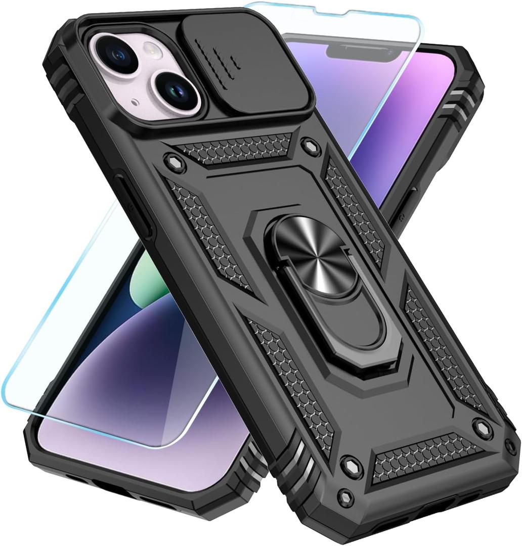 SunStory Compatible with iPhone 13 Case/iPhone 14 Case with HD Screen Protector & Slide Camera Cover & Rotated Ring Kickstand,[Military-Grade] Phone Case for iPhone 13/14(Black)