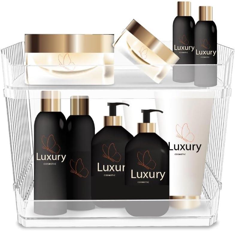 Skywin TidyFriend Stackable Plastic Storage Bins Open Front, 2-Tier Acrylic Pantry Organizer Bins With Linear Design for Kitchen, Toy Organizers and Bathroom Essentials (Clear)