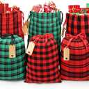 JOINDO 6 pcs Cloth Christmas Gift Bags, Buffalo Plaid Pattern, 2 Medium Size (15 x 20 & 12 x 15), Drawstring Design, 100% Cotton