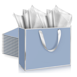 ReliThick 12 Pack Metallic Paper Gift Bag with Handles and Tissue Paper 11.8 x 10 x 4'' Thank You Favor Bag for Graduation Mother's Day Wedding Bridesmaid Groomsman 5 Senses Gifts (Dusty Blue,Silver)