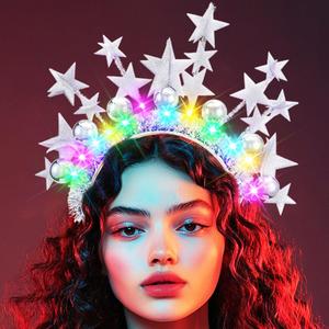 JEAIRTS Light Up Star Halo Headband Silver Ball Celestial Headpiece Glow Costume Hair Accessories for Women