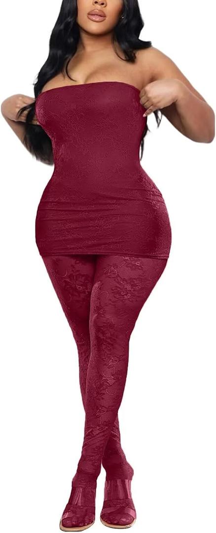 Kafiloe Sexy 2 Piece Outfits for Women Clubwear Lace Tube Mini Dress Top with Stockings Set Birthday Outfits 2XL