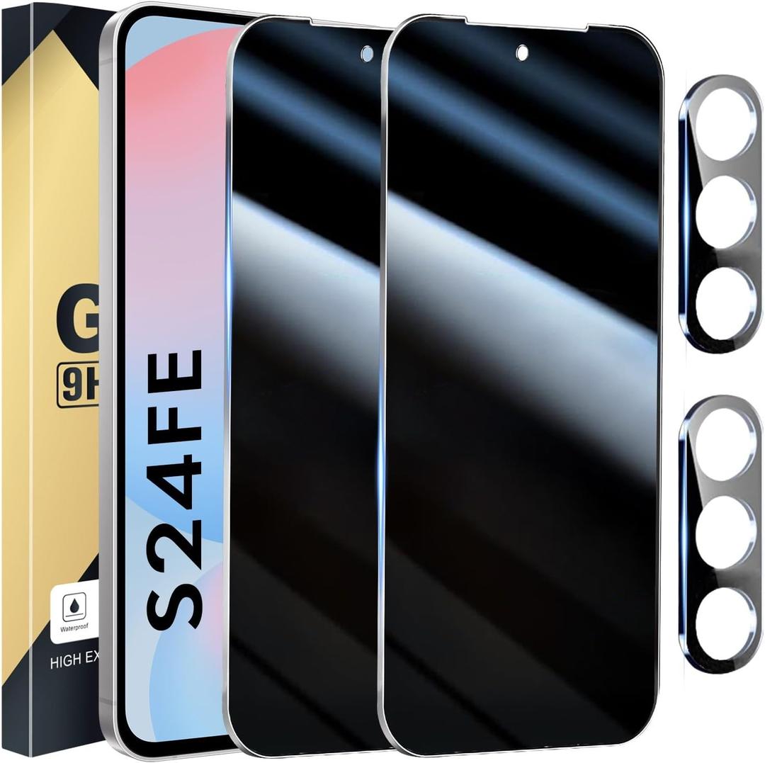 2+2 Pack Privacy Screen Protector Compatible with Galaxy S24 FE 5G - 2 Tempered Film + 2 Camera Lens Glass - High Clarity - Bubble Free - Anti-Spy Protection - Anti-Shatter