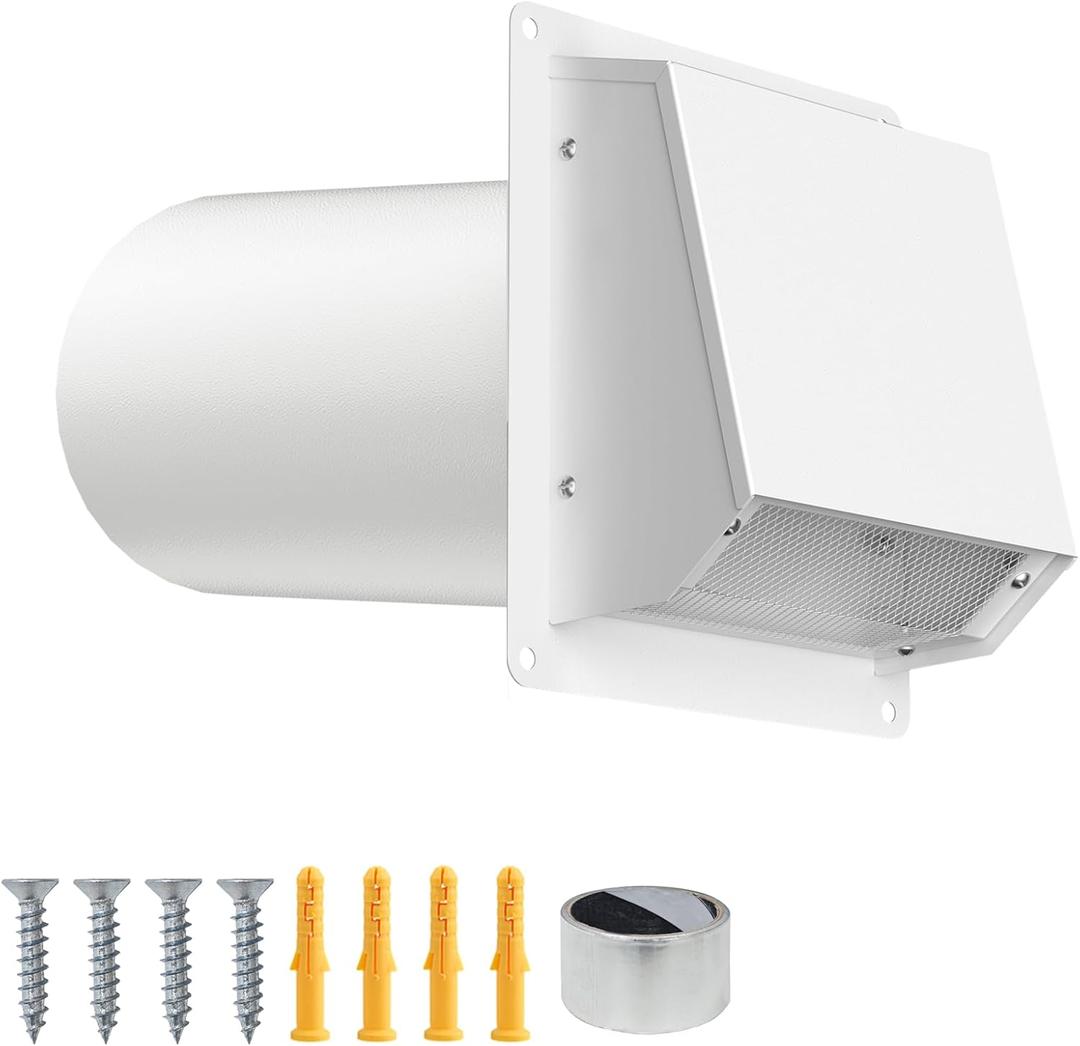 4 Inch Dryer Vent Cover Outside, Galvanized Steel Exterior Hooded Wall Vent Cover with Removable Screen & Cushioned Backdraft Flap, Exhaust Vent for House Through-Wall Dryer Vent Kit (White - 4 Inch)