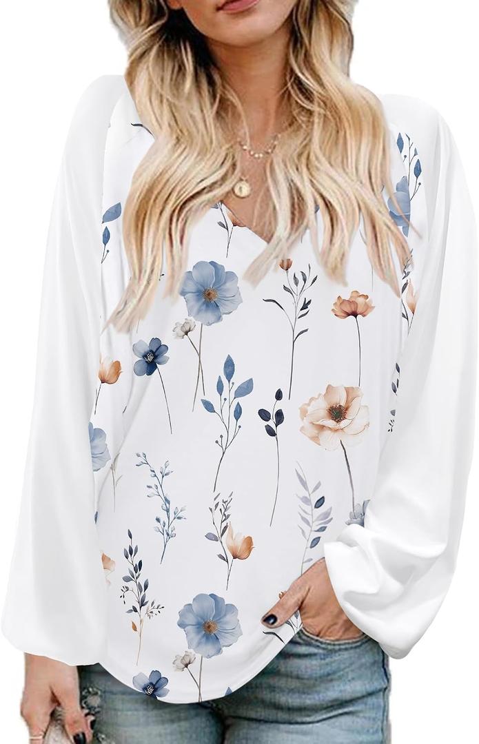 Beyove Boho Tops for Women Long Sleeve V Neck Fall Shirts Bohemian Fashion Hippie Western Dressy Casual Blouses (L)