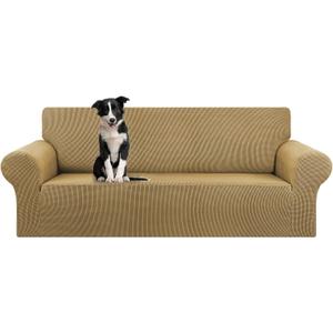 KEKUOU Stretch Oversized Sofa Slipcover 1 Piece Couch Sofa Cover (94"-110") Furniture Protector 4 Seater Sofa with Elastic Bottom for Kids,Pet.Jacquard Checked Pattern Fabric(X Large,Tan)
