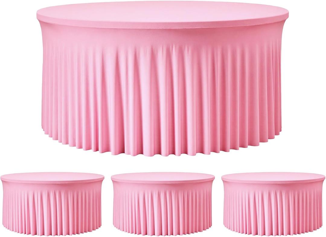 4 Pack Pink 72 inch Round Spandex Tablecloth, Wrinkle-Free Stretchy Fitted 6FT Round Tables,Elastic Edge with Skirt,Washable Table Cloths for Wedding Banquet Party Birthday Buffet