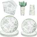 175Pcs Sage Green Floral Paper Plates and Napkins 25 Guests Green Toile Chinoiserie Party Supplies Set Include Plates Napkins Cups Spoons Forks Knives for Birthday Wedding (175, Sage Green Floral)