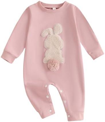 Easter Baby Boy Girl Outfit Embroidery Bunny Rompers Bunny Tail Jumpsuit Unisex Newborn Infant Easter Clothes, Pink, 3-6Months