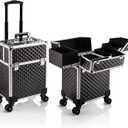 Stagiant Rolling Makeup Train Case Large Storage Cosmetic Trolley 4 Tray with Sliding Rail Removable Middle Layer with Key Swivel Wheels Salon Barber Case Traveling Cart Trunk (Pro Black)