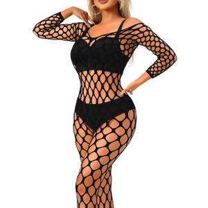 ChiaoLezhee Exotic Fishnet Bodystocking, Rave Glow Outfits, One Size, Sheer Mesh Dancewear Sexy Jumpsuit Plus Wear Dancer (Black)