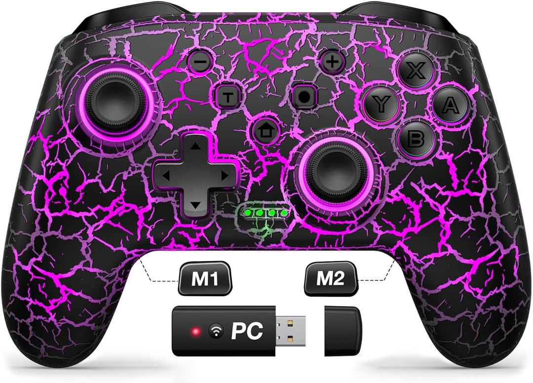 Switch Controllers, Gammeefy Wireless Switch Pro Controller for Nintendo Switch/Switch 2/Lite/OLED, 9 Color Adjustable LED Switch Remote Compatible with Windows PC/Android/IOS with Bluetooth receiver