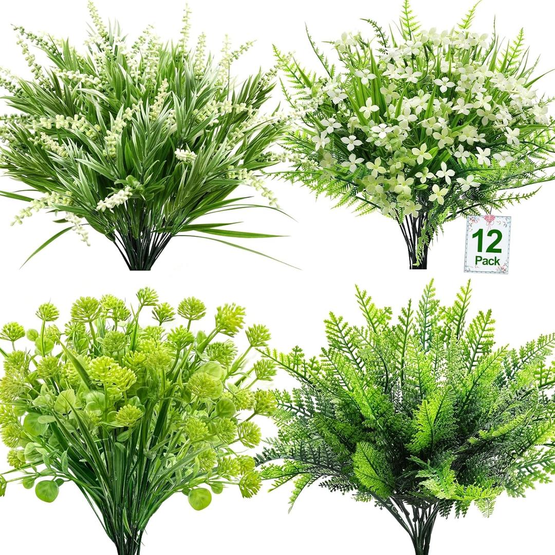 TURNMEON Artificial Plants Outdoor Fake Plants UV Resistant No Fade 12 Bundles 4 Styles Faux Plant Plastic Greenery Shrubs Boston Fern Lavender for Outside Gardens Porch Patio Indoor Home Decor