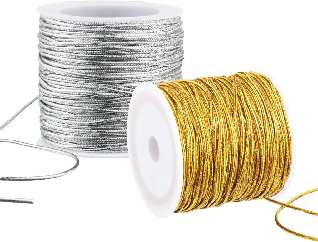 2 Rolls Metallic Elastic Cords Stretch Cord Ribbon Metallic Tinsel Rope for Craft Making Gift Wrapping, 1 mm 55 Yards (Gold and Silver)