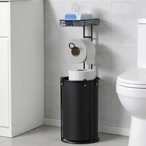 Free Standing Toilet Paper Holder with Storage - Bathroom Toilet Tissue Holder with Waterproof Organizer Bag, Rustproof Metal Toilet Paper Roll Holder with Shelf for Wipes & Phone, Black