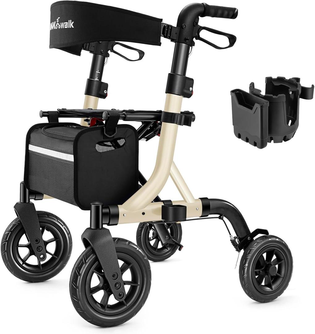 MAXWALK Walkers for Seniors, Rollator Walker with Seat, 10" Rubber Wheels All Terrain Rollator Walker with Backrest, Aluminum Walkers Built-in Cable, Foldable and Adjustable Height for Seniors, Beige