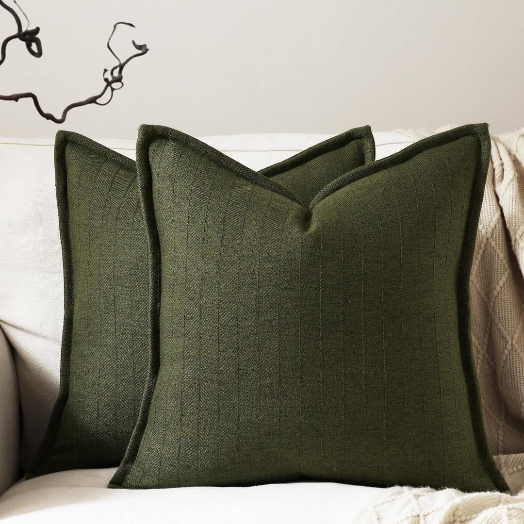DEZENE 18x18 Linen Pillow Covers Olive Green Pack of 2 Farmhouse Boho Neutral Accents Striped Textured Square Decorative Throw Pillow Cases for Living Room Couch Bed Home Decor