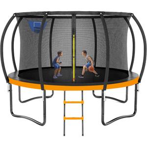 Trampoline 8FT 10FT 12FT 14FT 16FT, Outdoor Trampolines for Kids and Adults, Recreational Trampoline with Enclosure Net & Ladder, Round Trampolines ASTM Approved (Orange + Basketball Hoop)