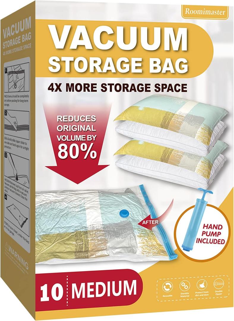 Roomimaster Vacuum Storage Bags, Vacuum Seal Space Saver Bags for Clothing, Travel Luggage, Carry-on, Blankets, Comforters, Pillow, Bedding, 10 Medium