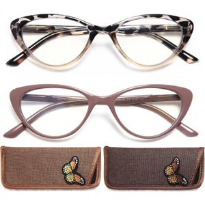 EYEURL Cat Eye Reading Glasses for Women 2 Pair Blue Light Blocking Readers 1.25 Comfort Spring Hinge Lightweight Eyeglasses Anti Glare for Ladies (Leopard+brown)
