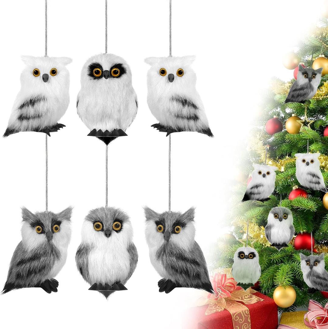 6 Pieces Plush Christmas Ornaments - Woodland Faux Fur Owl Assorted Cute Small Decor - Furry Decorative Hanging Ornaments for Home Tree Party Decoration (Cute Style)