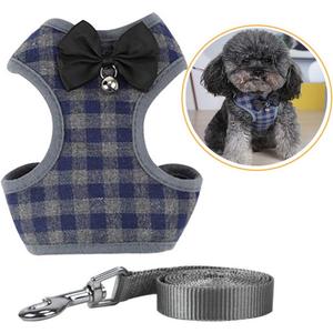 Dog Harness and Leash Set, Soft Mesh No Pull Dog Cat Harness Vest with Bowtie Bell for Small Dogs Puppy and Cats Outdoor Training and Running Classic Plaid Pattern (Small(9.0"-16.5"), Blue Plaid)