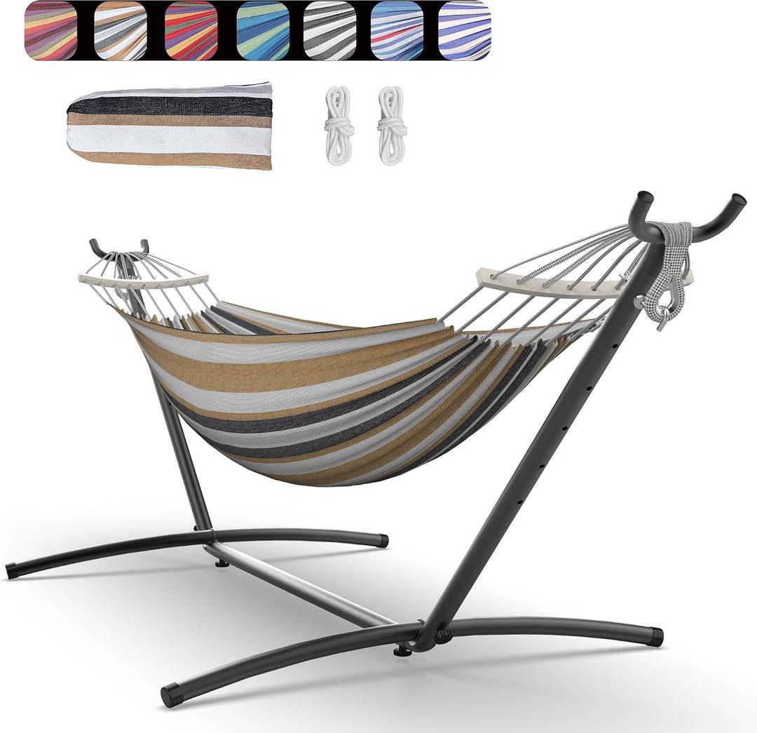Double Hammock with Stand for 2 Person, 600 lb Capacity, Coffee