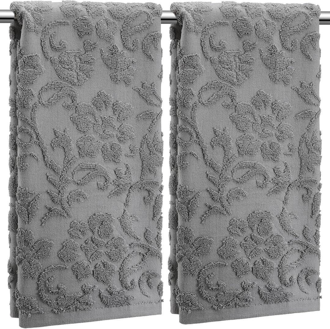 SmoothNovelty 2 Pcs Quality Floral Jacquard Hand Towels Set for Bathroom Gray Hand Towels 100% Cotton Absorbent Decorative Weave Bath Decor Neutral Bathroom Decor Gift, 13.7 x 29.5 Inch
