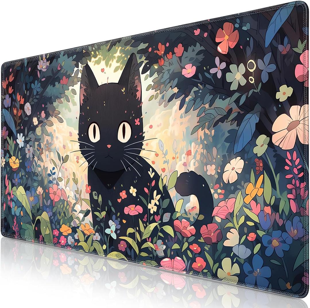Canjoy Cute Black Cats Anime Mouse pad, 31.5x15.7inch Kawaii Computer Keyboard Mat Extended Large Gaming Mouse Pad with Non-Slip Rubber Base