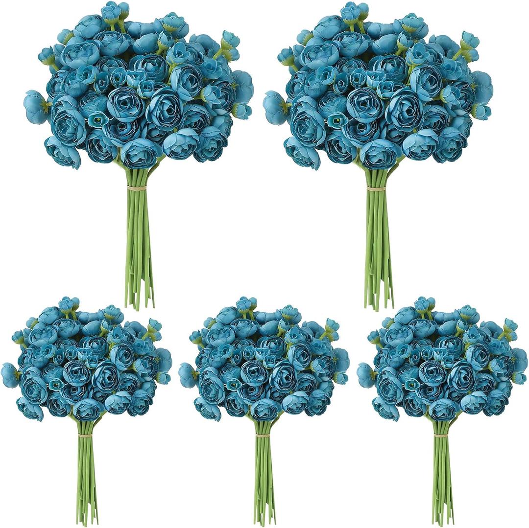 5 Bouquets Teal Ranunculus Artificial Flowers, 30 Pcs Silk Mini Faux Ranunculus Bouquet for Wedding, Bridal Shower, Centerpieces, and DIY Decorations