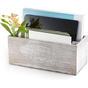 Mail Organizer countertop, Wood Mail Holder 2 Slots, Phone Box with Hidden Charging Port, White Wash Letter Holder, Desk Organizers & Accessories for Home Office Decor