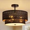 Modern Black Linen Drum Semi Flush Mount Ceiling Light with Pierced Design, Perfect Lighting Fixture for Bedroom, Dining Room, Kitchen, Living Room, or Hallway Chandelier Lamp